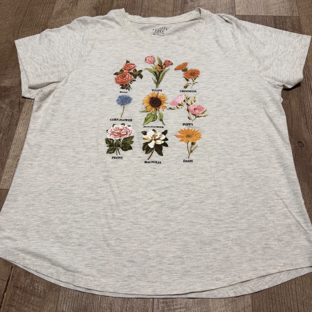 Mighty Fine Women's XL Grey Botanical Flower Graphic Tee Short Sleeve T-Shirt